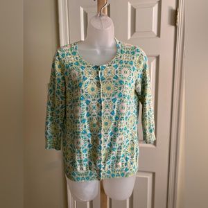 Talbots - Floral pattern long sleeve cardigan sweater (teal/green/white)…